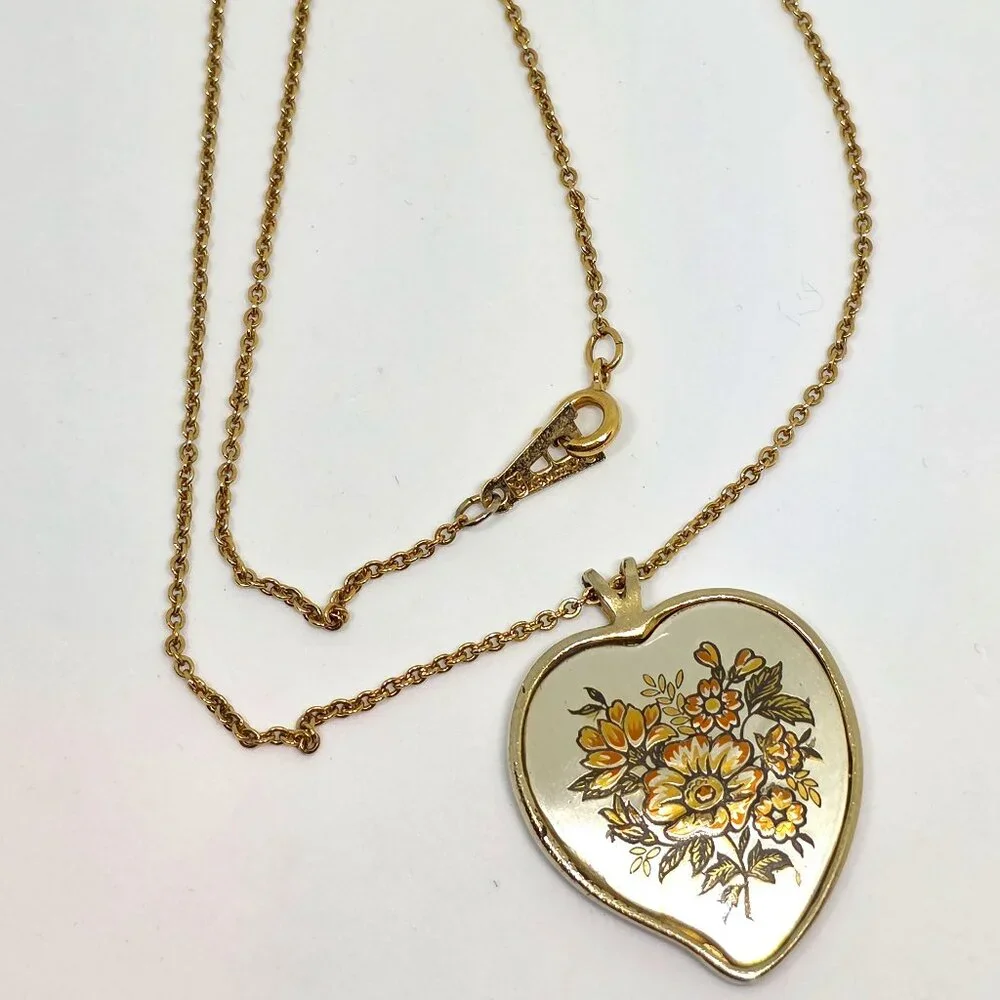 Vintage Reed & Barton Damascene Floral Heart Pendant with Amway GF 16' Chain